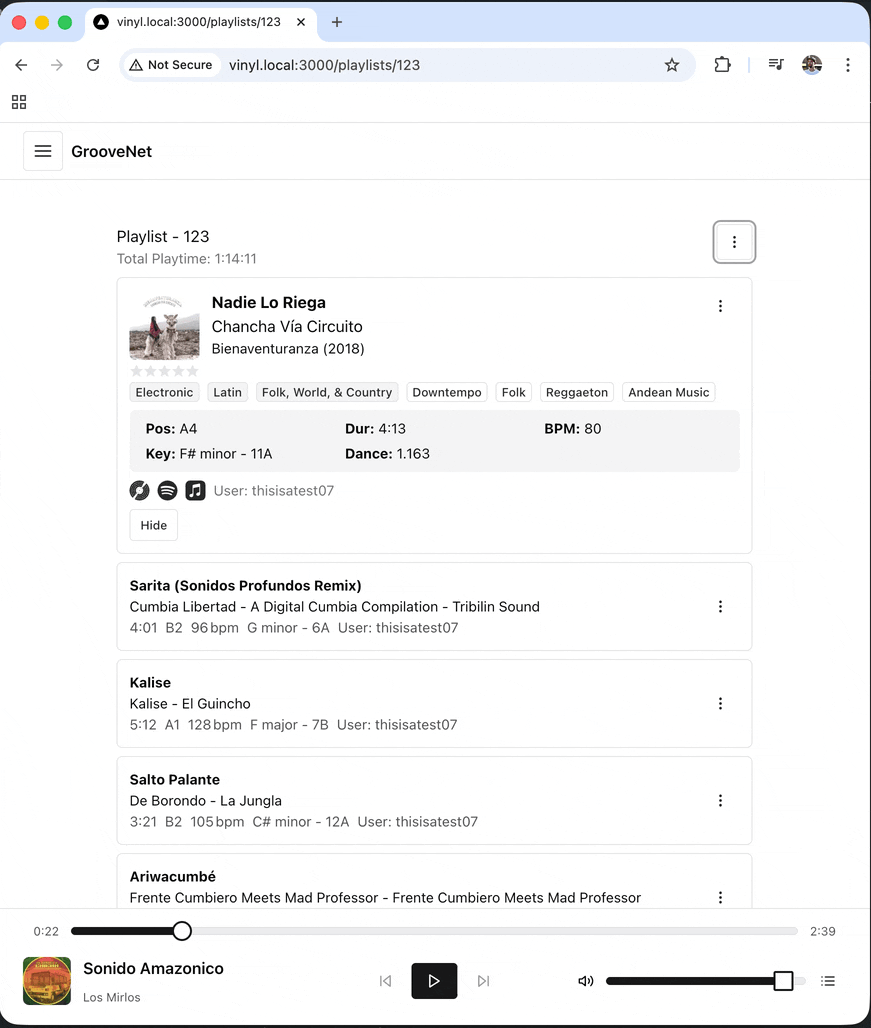 Animated GrooveNet web interface showing a collection and track management views.